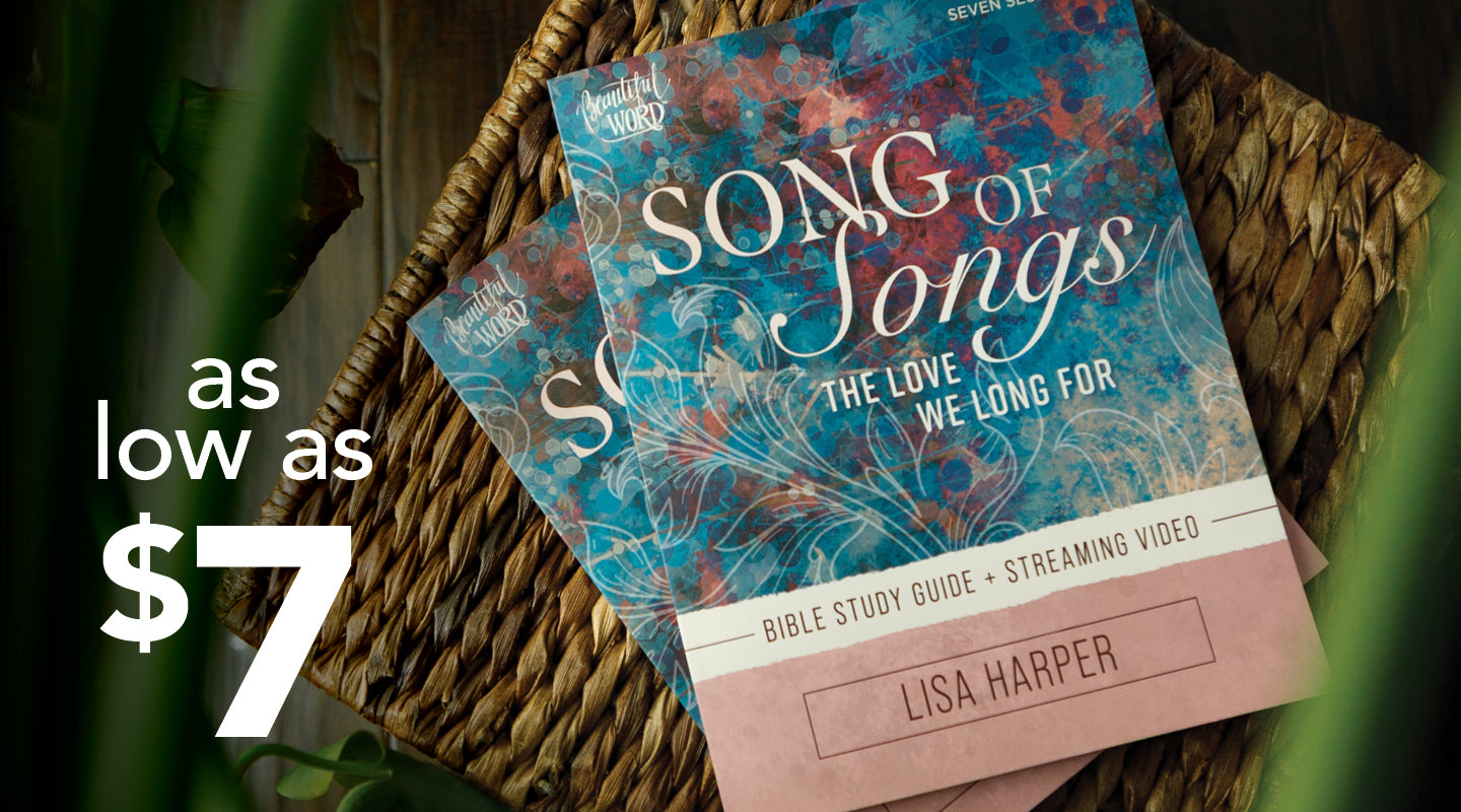 Two copies of the Bible study guide 'Song of Songs: The Love We Long For' by Lisa Harper are displayed in a woven basket, with a promotional text overlay on the left reading 'as low as $7'.