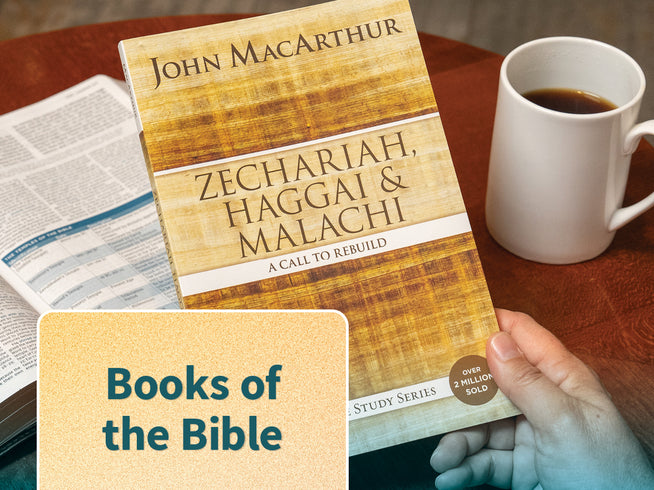 A hand holds a book titled 'Zechariah, Haggai & Malachi: A Call to Rebuild' by John MacArthur. The book cover has a textured gold and brown design.