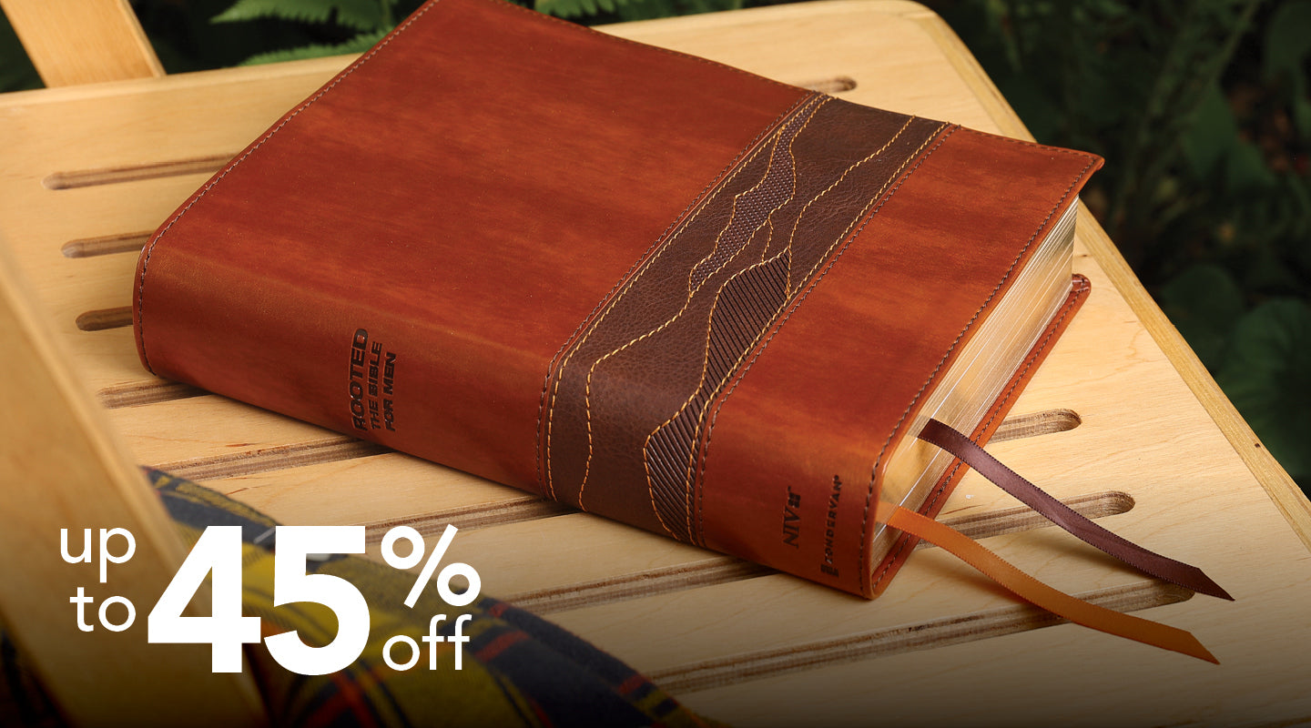 A brown leather-bound book or journal with a stitched decorative band and ribbon bookmark, resting on a light wooden slatted surface. Large promotional text in the lower left reads 'up to 45% off'.