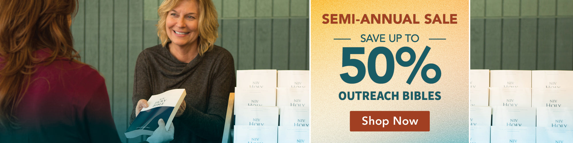 A promotional banner for a semi-annual sale featuring a woman smiling and holding a book next to a large text panel that reads 'SEMI-ANNUAL SALE SAVE UP TO 50% OUTREACH BIBLES' with a 'Shop Now' button.