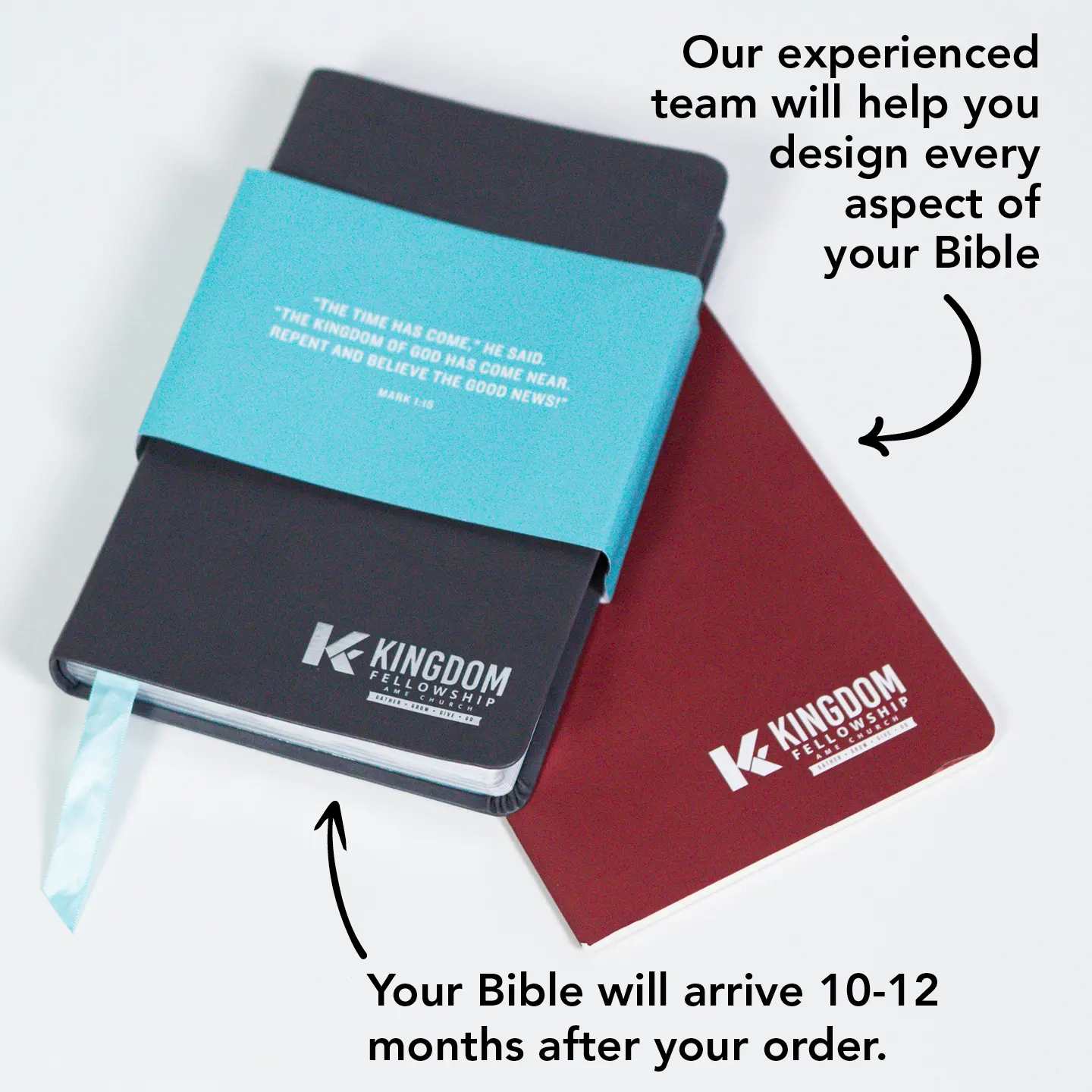 We have an experienced team to help you design your Bible.  Bibles arrive 10-12 months after your order. 