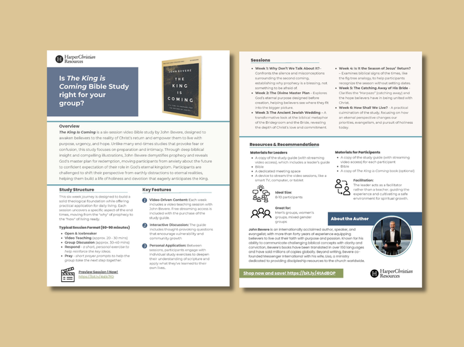 A two-page printed study guide or brochure layout for 'Is The King Is Coming Bible Study' by Local Decision, shown on a beige background. The design includes text sections, a book cover image, icons, and a small author photo.