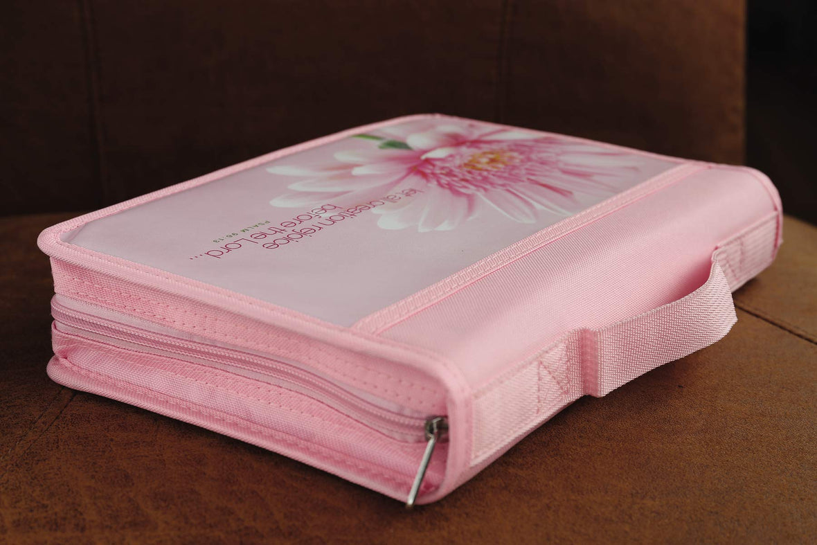 Psalm 96:13 Flower Bible Cover for Women, Zippered, with Handle, Canvas, Pink, Large