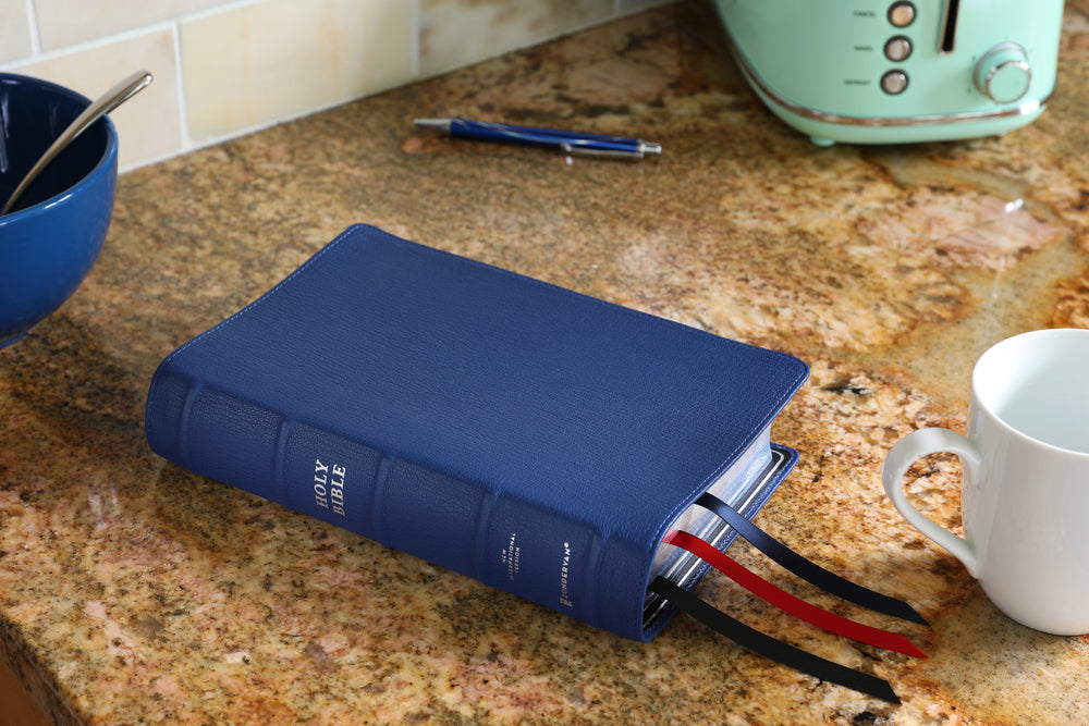 NIV, Side-Column Reference Bible (Deep Study at a Portable Size), Personal Size, Premium Goatskin Leather, Blue, Premier Collection, Art Gilded Edges, Comfort Print